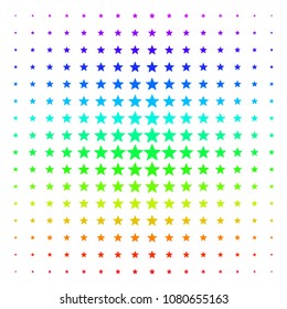 Fireworks Star icon rainbow colored halftone pattern. Vector fireworks star objects organized into halftone grid with vertical spectrum gradient. Designed for backgrounds,