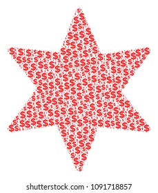 Fireworks star mosaic of dollars and sphere spots. Vector dollar symbols are united into fireworks star composition.