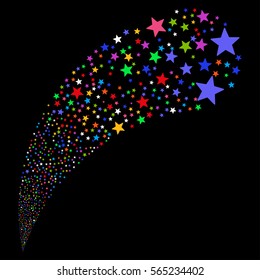 Fireworks Star random source stream. Vector illustration style is flat bright multicolored iconic symbols on a black background. Object fountain organized from design elements.
