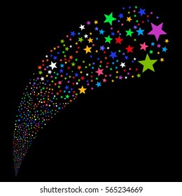 Fireworks Star random source stream. Vector illustration style is flat bright multicolored iconic symbols on a black background. Object fountain combined from design elements.