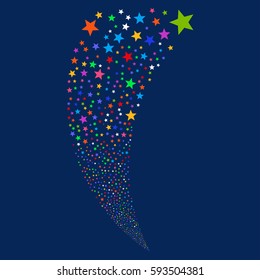 Fireworks Star random fireworks stream. Vector illustration style is flat bright multicolored iconic symbols on a blue background. Object fountain constructed from scattered icons.