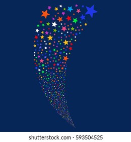 Fireworks Star random fireworks stream. Vector illustration style is flat bright multicolored iconic symbols on a blue background. Object fountain done from scattered symbols.