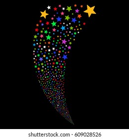 Fireworks Star random fireworks stream. Vector illustration style is flat bright multicolored iconic symbols on a black background. Object fountain organized from scattered icons.