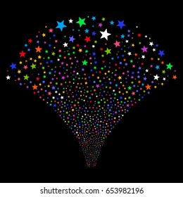 Fireworks Star salute stream. Vector illustration style is flat bright multicolored iconic symbols on a black background. Object fireworks fountain organized from random icons.