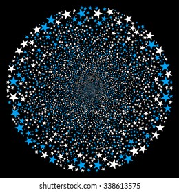 Fireworks Star Sphere vector illustration. This Festival Pyrotechnic illustration is drawn with blue and white flat bright stars on a black background.