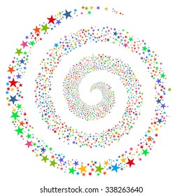 Fireworks Star Spiral vector illustration. This New Year Pyrotechnic illustration is drawn with multi-colored flat bright stars on a white background.