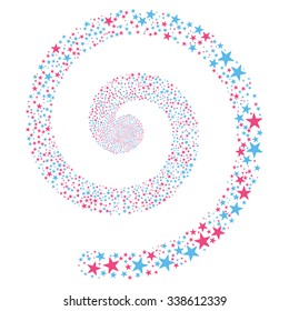 Fireworks Star Spiral vector illustration. This Christmas Pyrotechnic illustration is drawn with pink and blue flat bright stars on a white background.