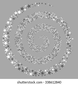 Fireworks Star Spiral vector illustration. This New Year Pyrotechnic illustration is drawn with dark gray and white flat bright stars on a silver background.