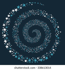 Fireworks Star Spiral vector illustration. This Christmas Pyrotechnic illustration is drawn with blue and white flat bright stars on a dark blue background.