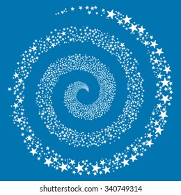 Fireworks Star Spiral vector illustration. This New Year Pyrotechnic illustration is drawn with white flat stars on a blue background.