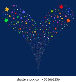Fireworks Star fireworks stream. Vector illustration style is flat bright multicolored iconic symbols on a blue background. Object double fountain created from random pictograms.