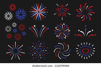 Fuegos artificiales con icono de estrella y línea de banda en los colores de la bandera de EE.UU. conjunto azul rojo blanco aislado en el fondo negro. Feliz Día de la Independencia, 4 de julio feriado nacional. Día del homenaje a Patriot. Ilustración del vector