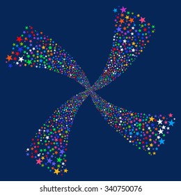 Fireworks Star Swirl vector illustration. This Christmas Pyrotechnic illustration is drawn with bright multicolored flat stars on a blue background.