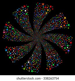 Fireworks Star Twirl vector illustration. This New Year Pyrotechnic illustration is drawn with multi-colored flat bright stars on a black background.