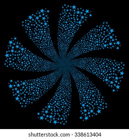 Fireworks Star Twirl vector illustration. This Celebration Pyrotechnic illustration is drawn with blue flat bright stars on a black background.