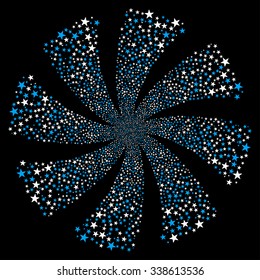 Fireworks Star Twirl vector illustration. This Festival Pyrotechnic illustration is drawn with blue and white flat bright stars on a black background.