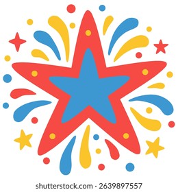 Fireworks with starburst shapes in red, blue, and yellow. Symmetrical, and festive, ideal for New Year, Independence Day, or celebration-themed designs and backgrounds.
