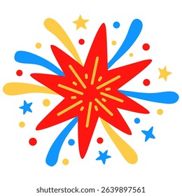 Fireworks with starburst shapes in red, blue, and yellow. Symmetrical, and festive, ideal for New Year, Independence Day, or celebration-themed designs and backgrounds.