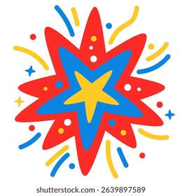 Fireworks with starburst shapes in red, blue, and yellow. Symmetrical, and festive, ideal for New Year, Independence Day, or celebration-themed designs and backgrounds.