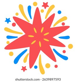Fireworks with starburst shapes in red, blue, and yellow. Symmetrical, and festive, ideal for New Year, Independence Day, or celebration-themed designs and backgrounds.
