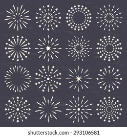 Fireworks, Starburst, Sunburst, Sunrays Collection Set On Dark Background. Vector.