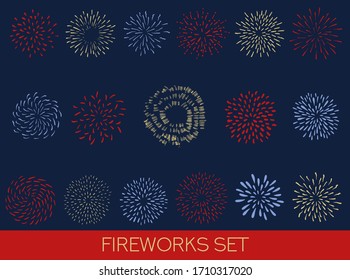 Fireworks and Starburst Vector Hand Drawn Set. Brush Strokes Icons for Events and Holidays Illustrations, banners, greeting card design template. Sunburst Design Elements Pack.