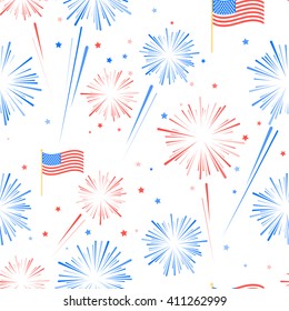 Fireworks And Stars In American National Flag Colors. Seamles Pattern For US Independence Day 4th Of July. Vector Illustration On White Background