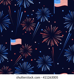 Fireworks and stars in American national flag colors. Seamles pattern for US Independence Day 4th of July. Vector illustration on dark blue background