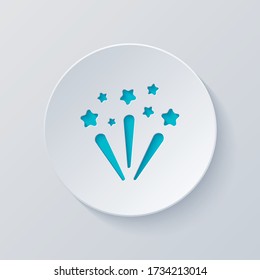 Fireworks with stars. Celebration icon. Cut circle with gray and blue layers. Paper style