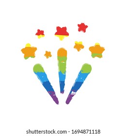 Fireworks with stars. Celebration icon. Drawing sign with LGBT style, seven colors of rainbow (red, orange, yellow, green, blue, indigo, violet