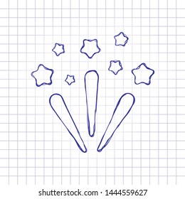 Fireworks With Stars. Celebration Icon. Hand Drawn Picture On Paper Sheet. Blue Ink, Outline Sketch Style. Doodle On Checkered Background