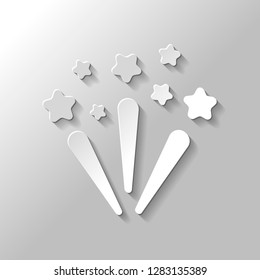 Fireworks with stars. Celebration icon. Paper style with shadow on gray background