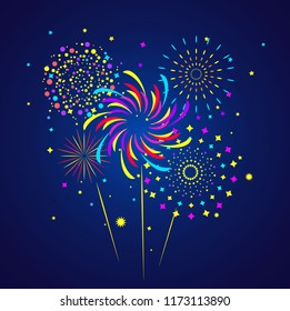 Fireworks and stars in colors. Vector illustration on blue background