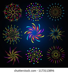 Fireworks and stars in colors. Vector illustration on blue background