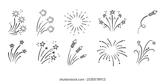 Fireworks and stars doodle Hand drawn set. Doodle Firework sketch. Linear vector explosions collection. Vector illustration