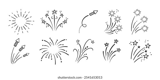 Fireworks and stars doodle Hand drawn set. Doodle Firework sketch. Linear vector explosions collection. Vector illustration