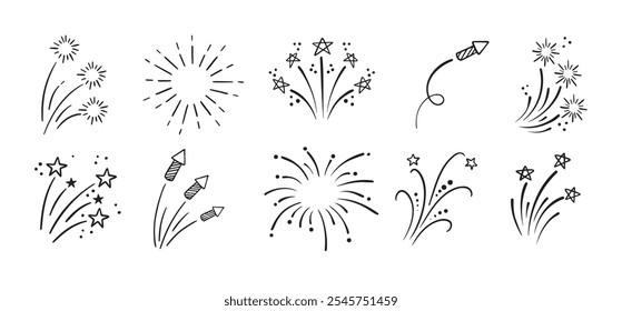 Fireworks and stars doodle Hand drawn set. Doodle Firework sketch. Linear vector explosions collection. Vector illustration