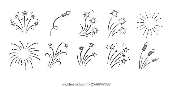 Fireworks and stars doodle Hand drawn set. Doodle Firework sketch. Linear vector explosions collection. Vector illustration