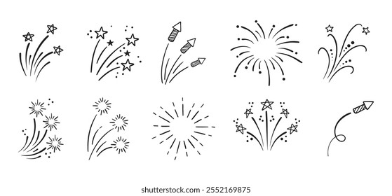 Fogos de artifício e estrelas rabiscam conjunto desenhado à mão. Desenhos de fogos de artifício. Coleção de explosões de vetor linear. Ilustração vetorial