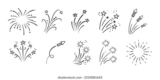 Fireworks and stars doodle Hand drawn set. Doodle Firework sketch. Linear vector explosions collection. Vector illustration