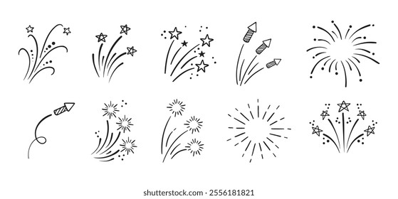 Fireworks and stars doodle Hand drawn set. Doodle Firework sketch. Linear vector explosions collection. Vector illustration