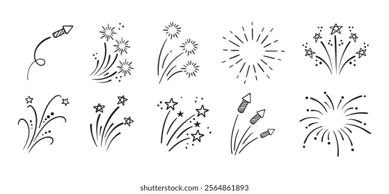 Fireworks and stars doodle Hand drawn set. Doodle Firework sketch. Linear vector explosions collection. Vector illustration