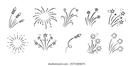 Fireworks and stars doodle Hand drawn set. Doodle Firework sketch. Linear vector explosions collection. Vector illustration