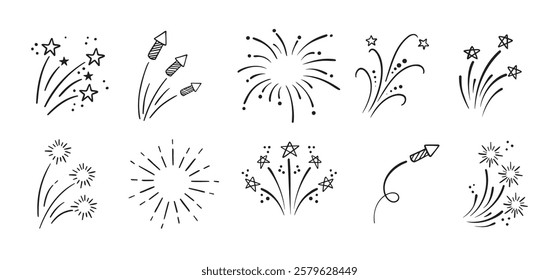 Fireworks and stars doodle Hand drawn set. Doodle Firework sketch. Linear vector explosions collection. Vector illustration