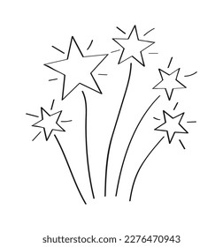 Fireworks with stars doodle icon. Champion status in sketch style. Winner prize. Laurel wreath in hand drawn style. Victory line. Awards, trophy cups, stars. 