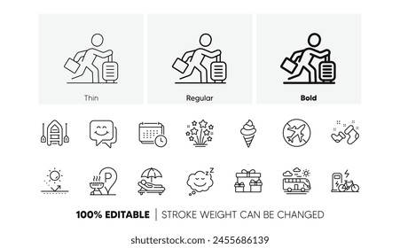 Fireworks stars, Grill place and Surprise boxes line icons. Pack of Calendar, Travel delay, Sleep icon. Sunbed, Smile face, Bus travel pictogram. Sun protection, Santa boots, Electric bike. Vector