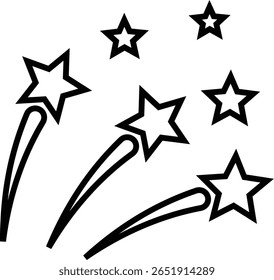 Fireworks stars icon. Shooting star or rising star icon sign isolated on transparent background. Flying star and comet with tail icon, abstract fantasy galaxy element. Vector illustration.