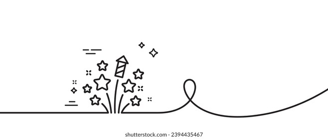 Fireworks stars line icon. Continuous one line with curl. Pyrotechnic salute sign. Carnival celebration lights symbol. Fireworks stars single outline ribbon. Loop curve pattern. Vector