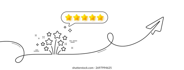 Fireworks stars line icon. Continuous line with share plane. Pyrotechnic salute sign. Carnival celebration lights symbol. Five star rate review in speech bubble. Vector