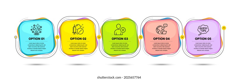 Fireworks stars, Medical drugs and Quick tips line icons set. Timeline process flowchart. Add user sign. Pyrotechnic salute, Medicine pills, Helpful tricks. Profile settings. Business set. Vector